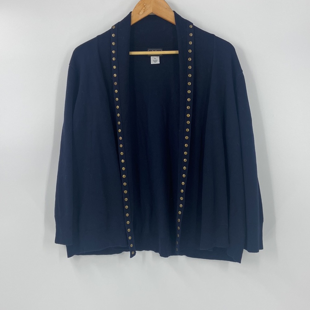 Lark Lane navy knit blazer cardigan sweater with antique bronze stud detail XL